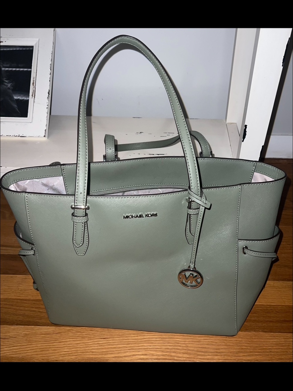 Michael Kors Sage Green Leather Tote with MK Medallion
